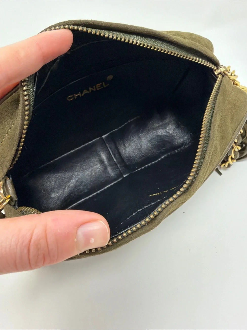 CHANEL Vintage Olive Suede Crossbody Camera Bag with Tassel and Gold Chain - Picture 9 of 10
